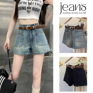 Quần short jean nữ ống rộng, quần đùi jean nữ bò ngăn cạp cao phối túi trước Hàn Quốc - Xưởng Jeans