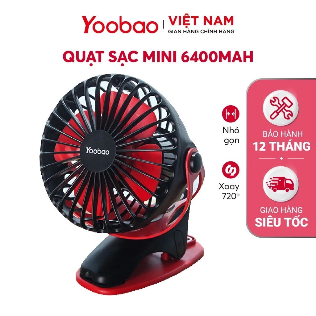 Quạt Kẹp Tích Điện Mini Yoobao  Pin Khủng 6400mah Chạy  30h Có 4 Mức Gió Siêu Bền