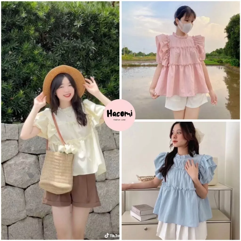 Áo babydoll cánh tiên tay bèo màu pastel, Áo Sơ Mi Nữ Kiểu Babydoll Cổ Bèo Đũi Gân Có Tay Bồng