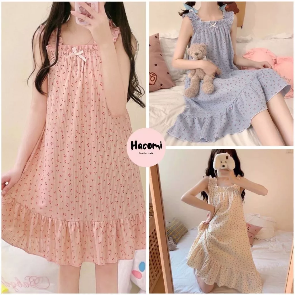 Váy Đầm Ngủ 2 Dây Ngắn Tay Kiểu Pháp Dễ Thương In Hoa Mùa Hè