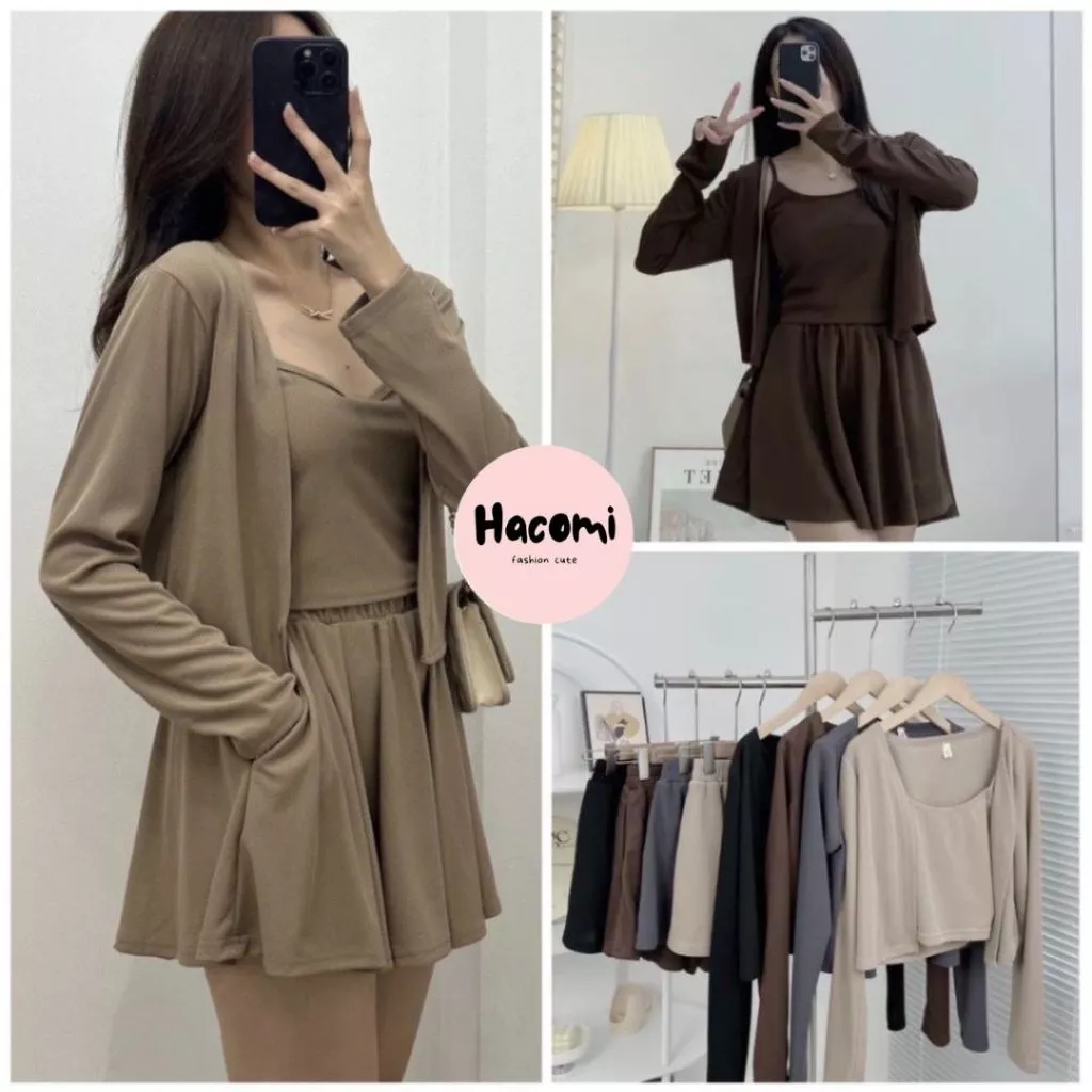 Set 3 món thun tăm HACOMI áo hai dây croptop kèm áo khoác áo cardigan và quần giả váy xếp li - Set 3 món thun tăm