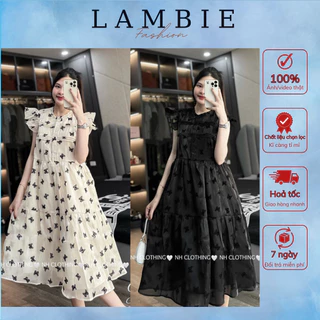 Váy bầu, đầm bầu thời trang LAMBIE dáng babydoll thiết kế tay cánh tiên xinh xắn, họa tiết thêu sang chảnh, cao cấp