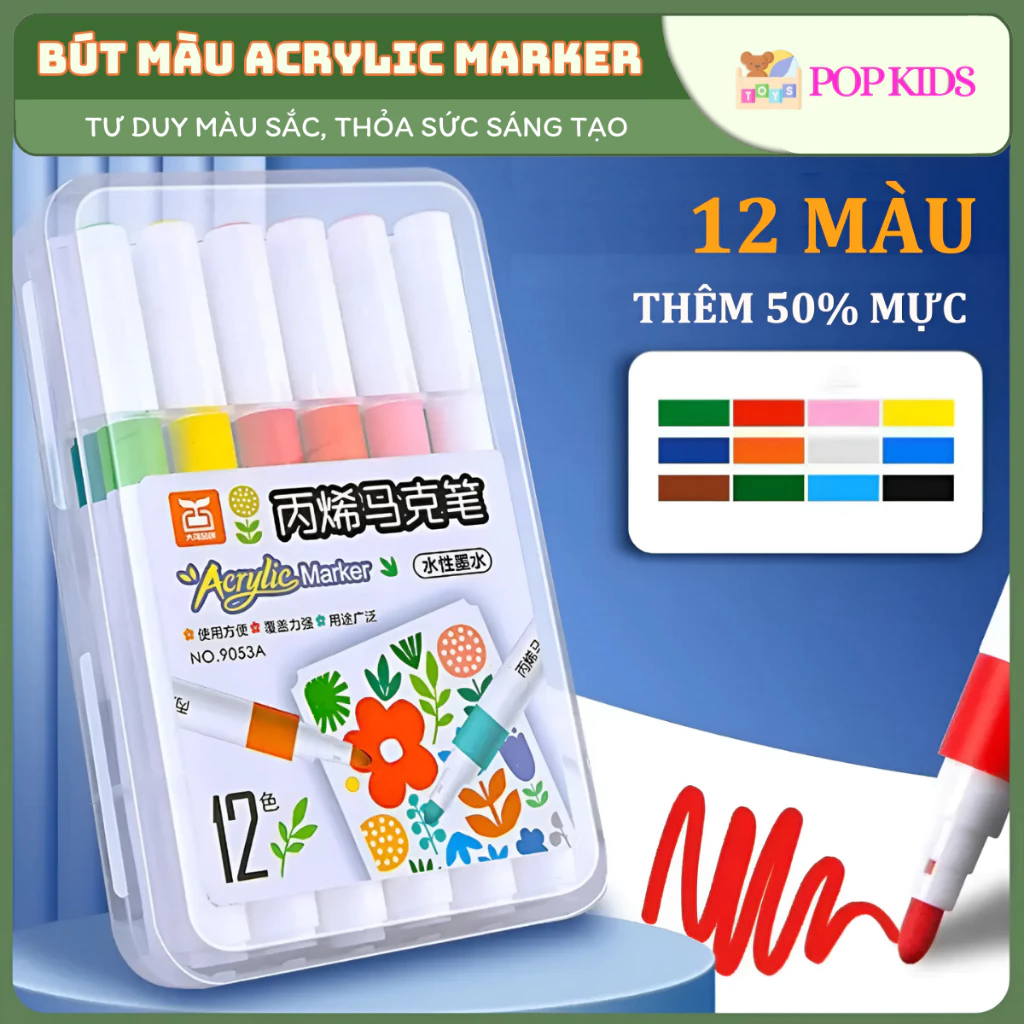 Bút màu Acrylic Marker Cao Cấp 12/24 Màu POP KIDS Bút Sơn Chống Nước Vẽ Trên Mọi Chất Liệu Vẽ Giày Vải Chai Lọ