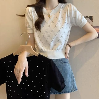 Áo thun dệt kim croptop nữ tay ngắn kiểu cổ tròn đính đá kẻ sọc caro len mongtoghi hàng Quảng Châu