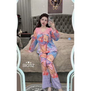 Bộ đồ ngủ cỡ lớn 60-75kg , đồ bộ nữ pijama dài tay voan cổ v lụa xước, đồ ngủ lụa tiểu thư mặc nhà cute dễ thương