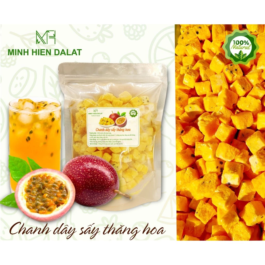 Chanh dây sấy thăng hoa (dùng pha nước thay chanh tươi) Minh Hiền Đà Lạt giữ trọn mùi vị, màu sắc và chất dinh dưỡng .