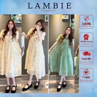 Váy bầu, đầm bầu thời trang LAMBIE dáng babydoll thiết kế hoa nhí chất liệu voan tơ 2 lớp cao cấp