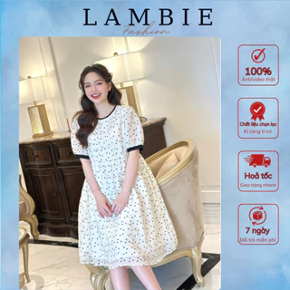 Váy bầu, đầm bầu thời trang LAMBIE dáng babydoll tay ngắn, họa tiết hoa nhí, lụa tơ hàn quốc cao cấp