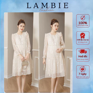 Váy bầu, đầm bầu thời trang LAMBIE dáng babydoll tay dài họa tiết thuê hoa, lụa hàn cao cấp