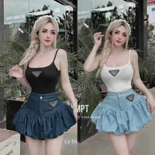 Set Bộ Áo Hai Dây Croptop Logo Tam Giác + Chân Váy Bí Xoè Phồng Logo Tam Giác