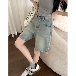 Quần short jeans nữ Ennius cạp cao, quần đùi bò trơn basic có túi màu trơn cho nữ