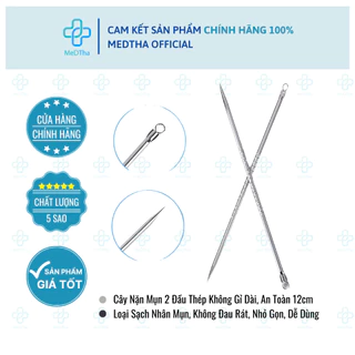 Cây Nặn Mụn 2 Đầu 12cm - Nặn Mụn, Thép Không Gỉ, An Toàn, Không Đau Rát (Túi 1 Que)