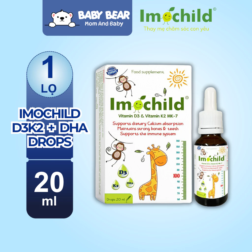 Siro Nhỏ Giọt Imochild D3K2 - Bổ Sung D3 K2 MK7, DHA, Hấp Thu Canxi, Tăng Chiều Cao, Tăng Sức Đề Kháng (Lọ 20ml)