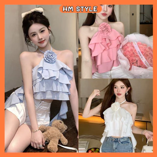 Áo cổ yếm 4 tầng đính hoa bèo tầng, áo babydoll hở vai chất thô Hàn có mút ngực HA917