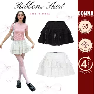 DONNA - Chân váy ngắn xoè bồng bềnh Ribbon Skirt viền ren đính nơ (có lót quần)