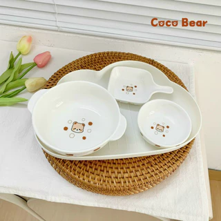 [Tặng Khay Mây] Set Chén Sứ Ăn Dặm Cho Bé 3 món hoạ tiết Dễ Thương