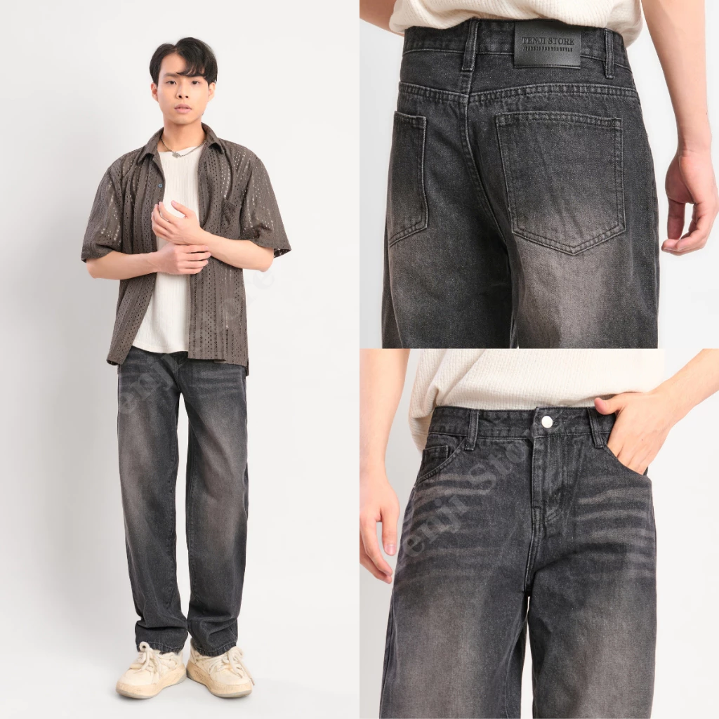 Quần Jean Nam Baggy Ống Suông Tenji Vải Dày Dặn Màu Xám Đen QJ01 SIZE S - XXL