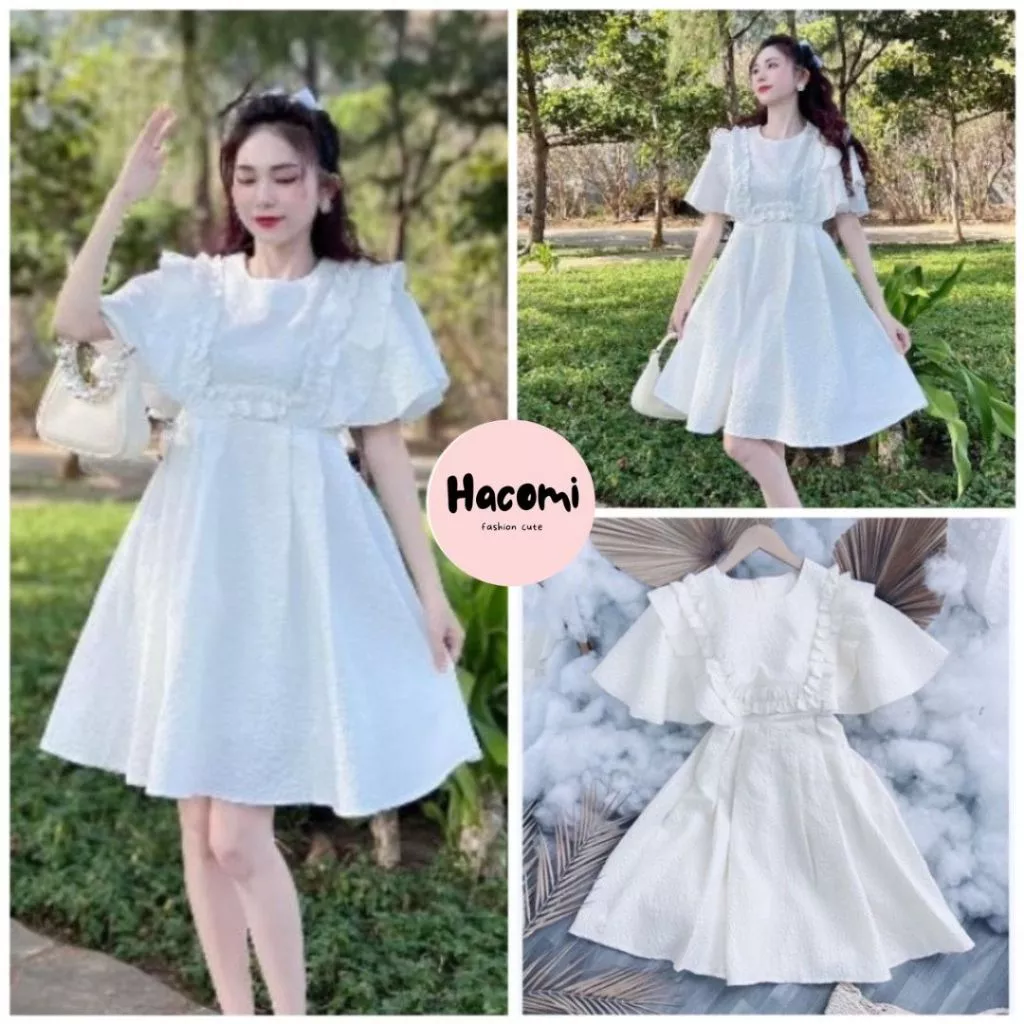 Váy xốp trắng baby doll phối bèo, váy gấm xốp tiểu thư bánh bèo xinh xắn