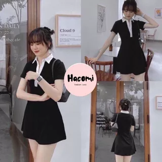 Váy polo cổ bẻ viền trắng body dáng ôm, Đầm nữ thun tăm cộc tay phong cách retro hàn quốc đẹp ulzzang