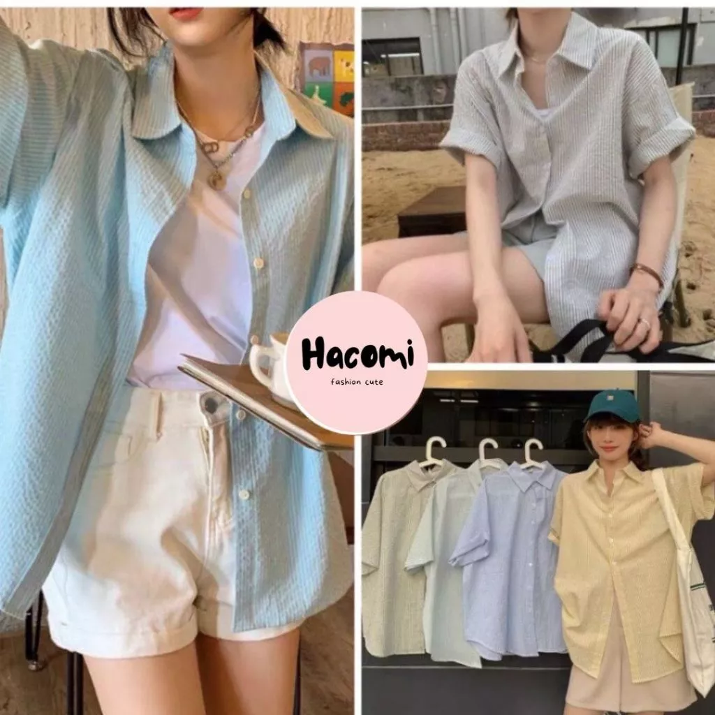 Áo sơ mi kẻ XỐP trơn tay lỡ dáng rộng ulzzang, Áó sơ mi kẻ xốp form tay ộc oversize học sinh siêu hot