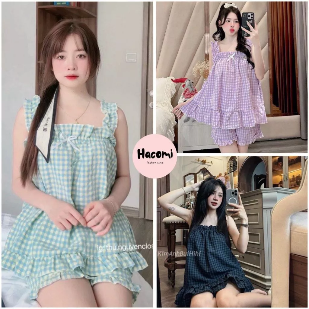 Bộ đồ ngủ hai dây mặc nhà họa tiết caro - Bộ pijama mặc nhà nữ