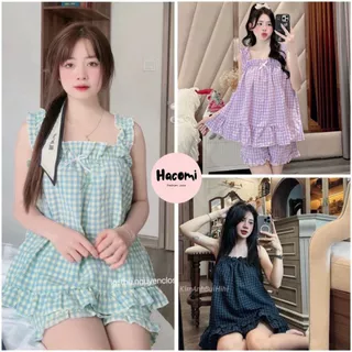 Bộ đồ ngủ hai dây mặc nhà họa tiết caro - Bộ pijama mặc nhà nữ