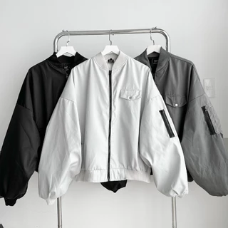 Áo Bomber Jacket Tay nhún BOMBER ZIP BOXY - Áo khoác Dù TANU tay nhún cánh dơi form rộng nam nữ unisex màu XÁM CHÌ/ĐEN 🖤