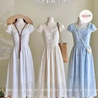 Váy đi biển dáng dài tay bo chun Vintage nhiều màu nhẹ nhàng