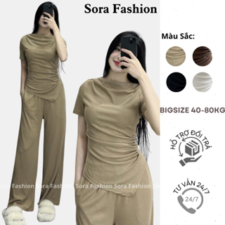 Set Nữ Áo Kiểu Kèm Quần Suông BigSize Sora Fashion,Set Bộ Nữ Ngắn Tay Nhúm Eo Chất Liệu Thun Tăm 129