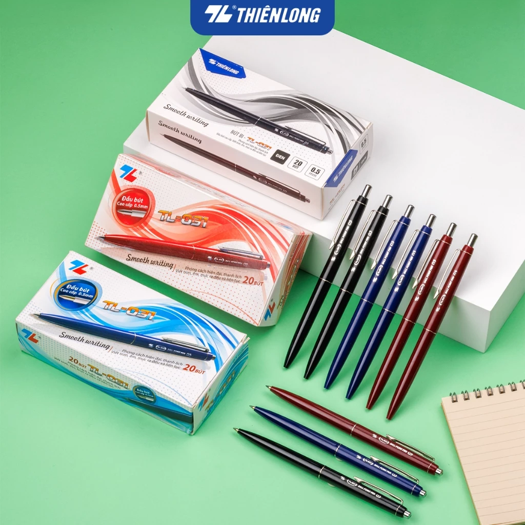 Combo 5/10/20 Bút bi Thiên Long TL-031 ngòi 0.5mm mực xanh/đỏ/đen giắt kim loại mạ crom, kiểu dáng hiện đại