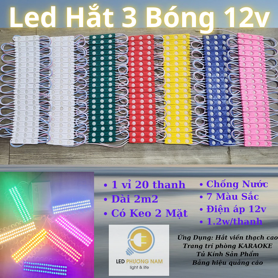Led Hắt 3 Bóng 2835 Chống Nước, Điện 12v (Vỉ 20 thanh dài 2m)