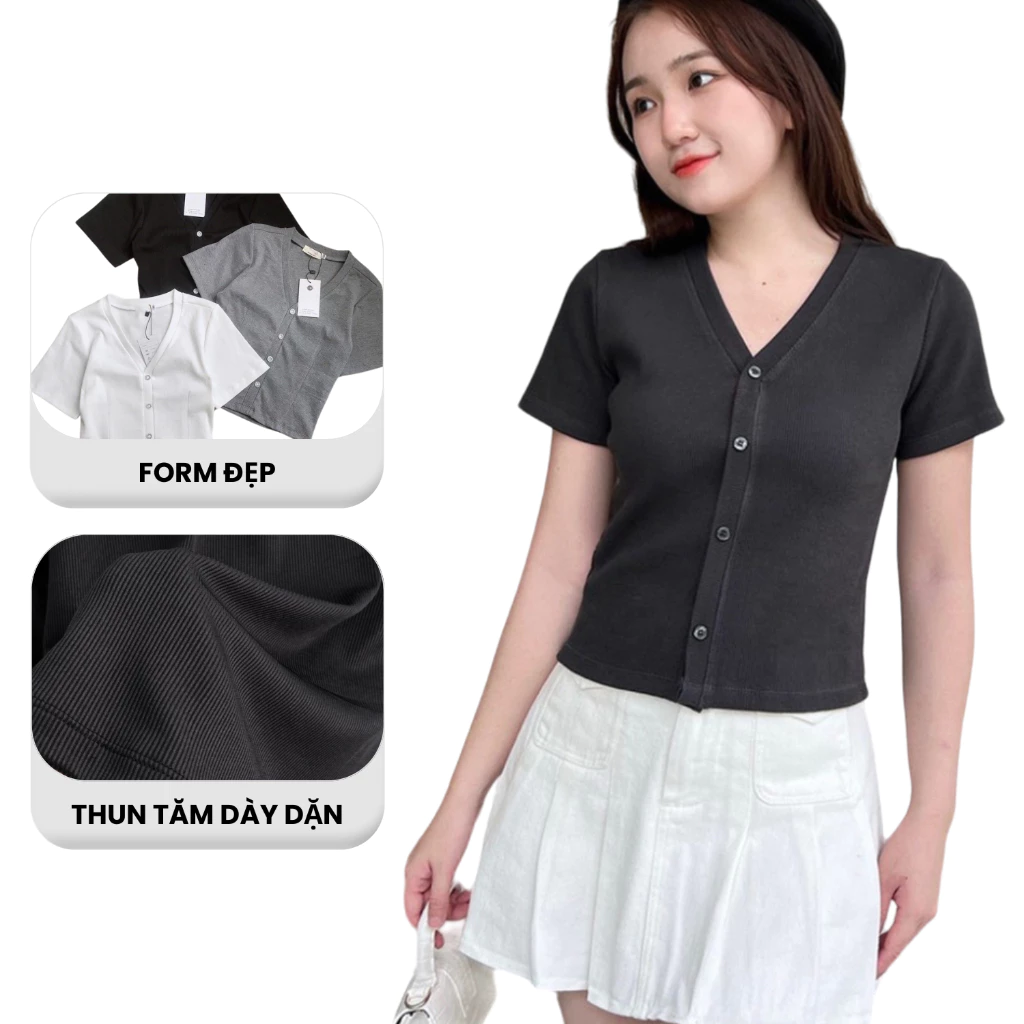 Áo Thun Cổ Tim Ngắn Tay Nữ Mùa Hè Vải Thun Gân Tăm Dày Dặn Madela, Áo Croptop Thun Tăm Cổ Chữ V Ngắn Tay