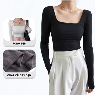 Áo Thun Nữ Croptop Cổ Vuông Tay Dài Dáng Ôm Body Madela, Croptop Nữ Cổ Vuông Dài Tay Chất Thun Co Giãn Ôm Body