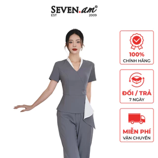 Áo kiểu tay cộc ghi cổ V thời trang nữ Seven.AM H113097P