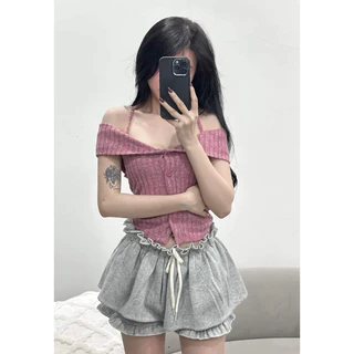 Áo len croptop trễ vai phối cúc by Tường Vy Shop