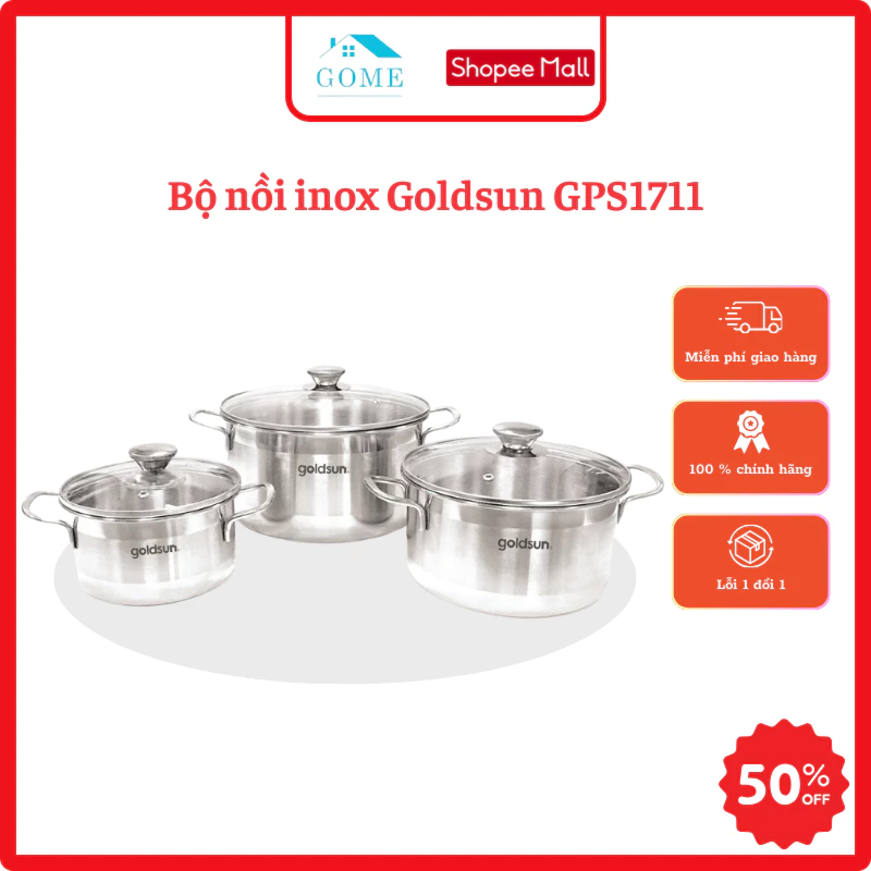 Bộ nồi inox GPS1711 1 lớp đáy từ, sử dụng cho mọi loại bếp, chất liệu cao cấp, an toàn tiện lợi, bảo hành 12 tháng