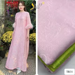 Lụa may áo dài - SILK – hoa văn thọ dơi màu hồng phấn - TR31