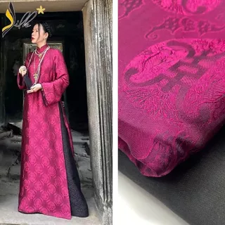 Lụa may áo dài - SILK – hoa văn thọ dơi màu hồng sen ánh đen– TR08