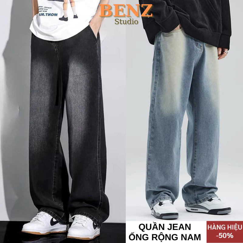 Quần Jean Ống Rộng Nam Wash 3 Màu Đen Trầm SMOKE Cạp Cao BENZ, Quần Bò Nam Ống Suông Rộng Phong Cách Retro Cao Cấp JS05