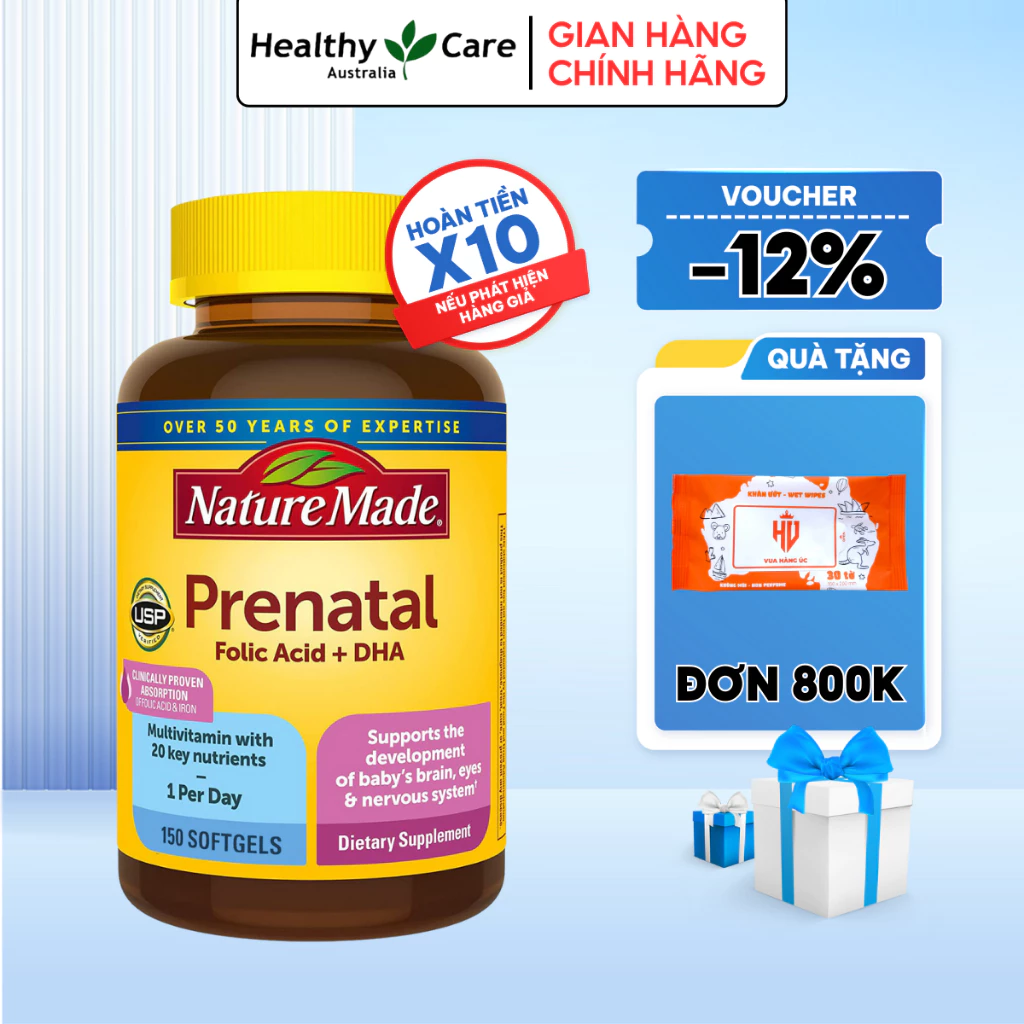 Vitamin tổng hợp cho mẹ bầu Nature Made Prenatal Folic Acid + DHA 150 viên bổ sung vitamin thiết yếu