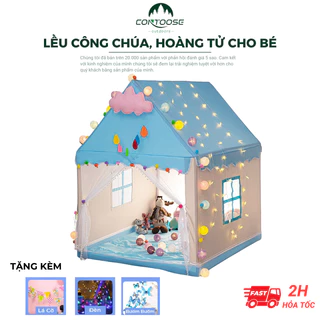 Lều công chúa hoàng tử cho bé, lều trẻ em chơi trong nhà chất liệu vải cotton canvas tặng kèm đèn nhấp nháy, cờ, bướm