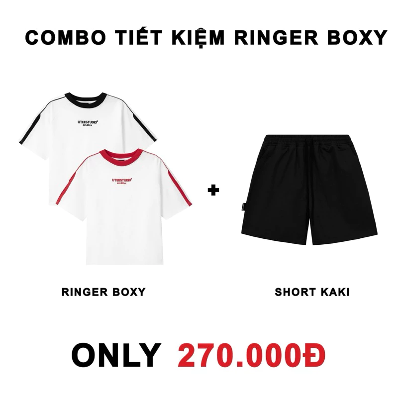 COMBO RINGER BOXY Và Quần Short Kaki UTEESTUDIO Đơn Giản Thêu Nổi Form Unisex Cho Nam Và Nữ