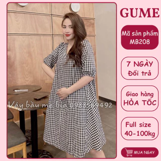 Váy bầu bigsize - Đầm bầu thiết kế GuMe màu Caro Đen Cổ V Sườn Thiên Tay Bo size 40-100kg  MB208 - ảnh thật