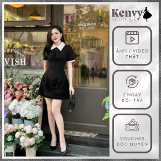 Đầm Nữ Cộc Tay Kenvy BOUTIQUE Thiết Kế Cổ Sơ Mi Chất Tuyết Mưa Phối Tơ Bèo Sóng Màu Đen