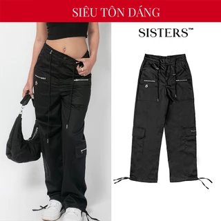 Quần ống rộng nữ túi hộp SISTERS vải kaki phối dây rút Parachute SIS-CLUB  I SS-Q33