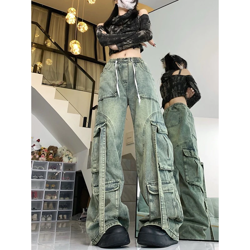 Quần denim cạp chun dây rút ống rộng nhiều túi hộp màu nhuộm kiểu dáng cá tính thời trang nam nữ