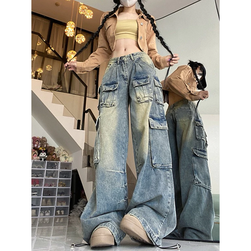 Quần jean phong cách retro cá tính thiết kế nhiều túi hợp thời trang đường phố cao cấp Mỹ quần áo nữ ống rộng nam nữ