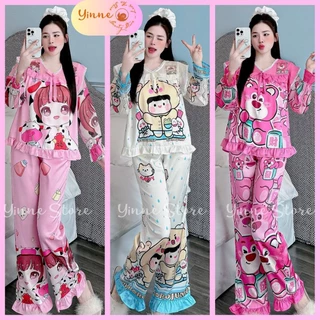 (40-60kg) Đồ Pijama Cổ V Ren viền bèo tiểu thư, Bộ ngủ mặc nhà Lụa Xước/Latin Tay Ngắn/Dài Quần Dài Thiết Kế in Đẹp Xinh