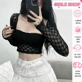 Áo croptop kiểu ren lưới hoa tay dài xuyên thấu tay loe GirlZ Shop, Áo thun kiểu nữ ôm body tôn dáng mặc hè đi chơi -A28