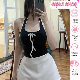 Áo hở lưng dáng dài cổ yếm viền Ren đính nơ trước ngực GirlZ Shop, Áo kiểu nữ ôm body tôn dáng sexy chất thun borip -A29